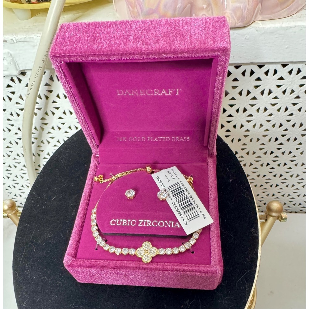 Van Cleef Inspired Clover Rhinestone Bracelet Earrings Set Mother's Day Gift NWT - Picture 3 of 5